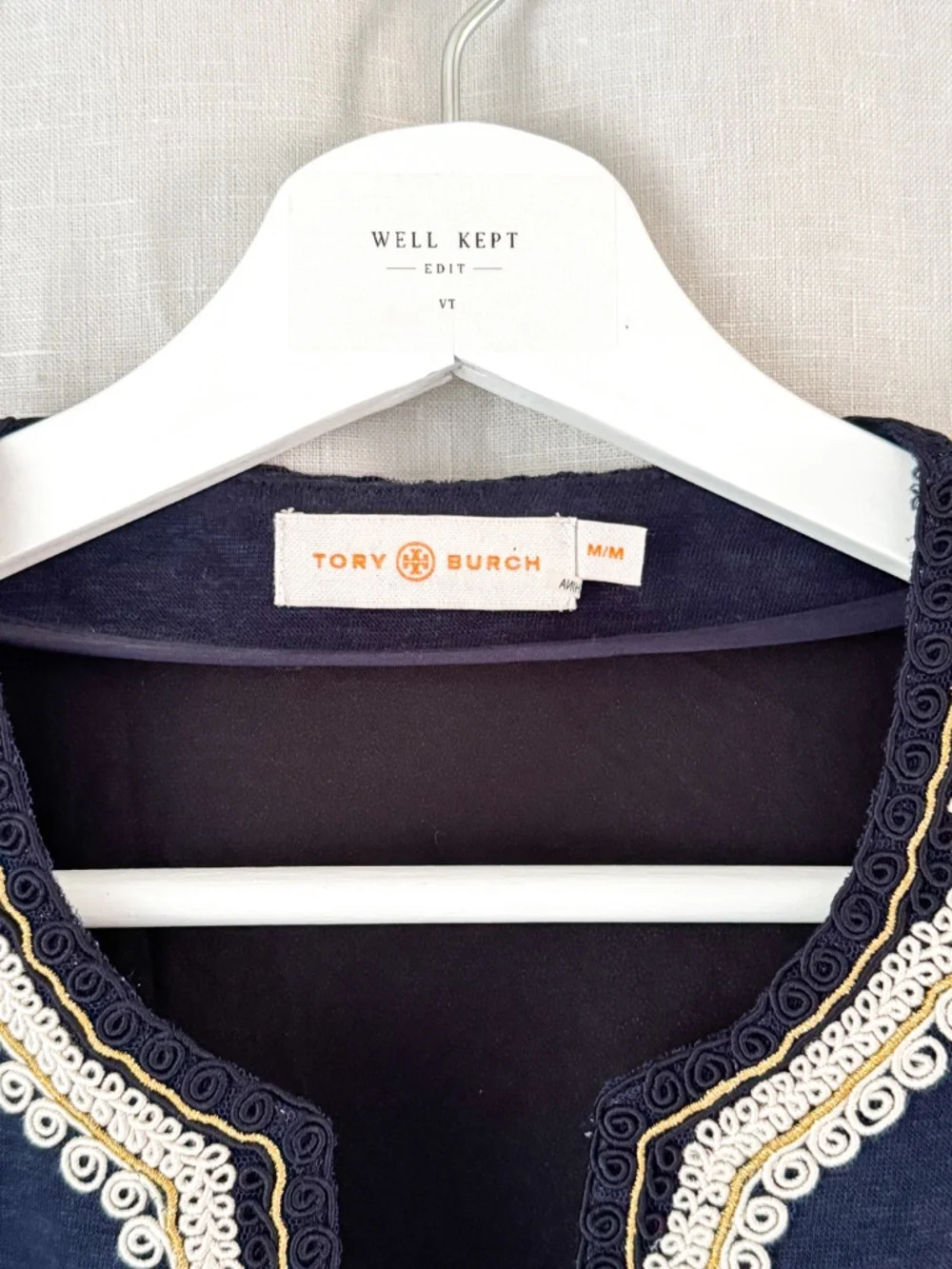 Tory Burch Navy Embroidered Tassel Belt Dress Size M